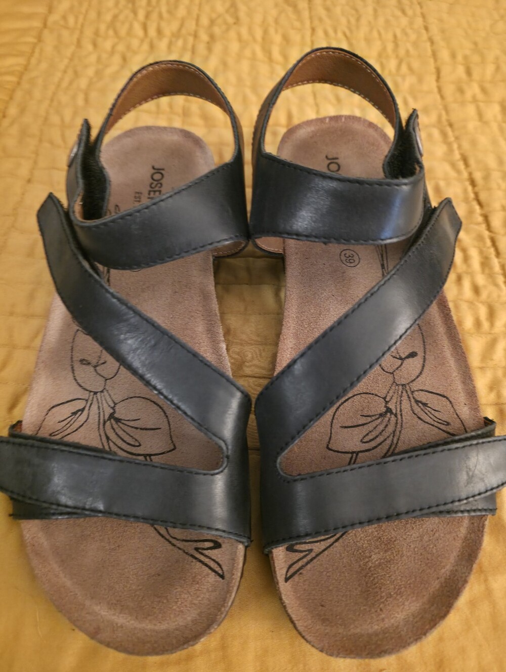 Josef Seibel Black Leather Cross-Strap Comfort Sandals Size 39 (Or 8-8.5 US)